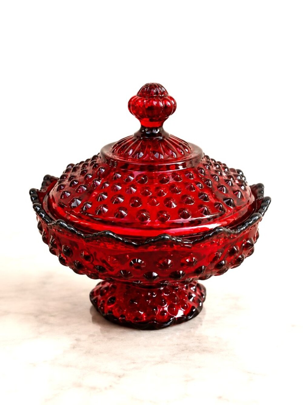Fenton Ruby Red Hobnail Candy Dish Box Lid Vintage Amberina Glass 6.75"